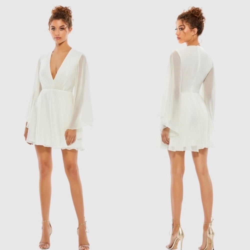 Mac Duggal White Long Sleeve V-Neck Mini Dress